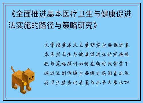 《全面推进基本医疗卫生与健康促进法实施的路径与策略研究》